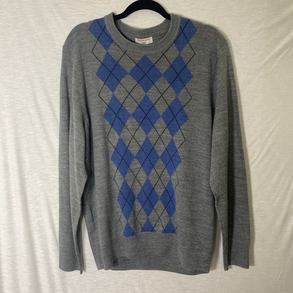 DOCKERS Men's Sweater  Large Gray/Blue Argyle Long Sleeves Comfort Touch Preppy - Picture 1 of 7